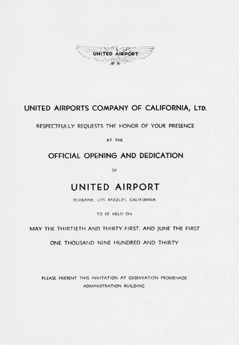 Opening Day Ceremonies invitation for United Airport, 1930