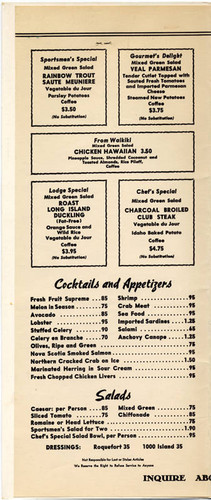 Sportmen's Lodge menu, circa 1955