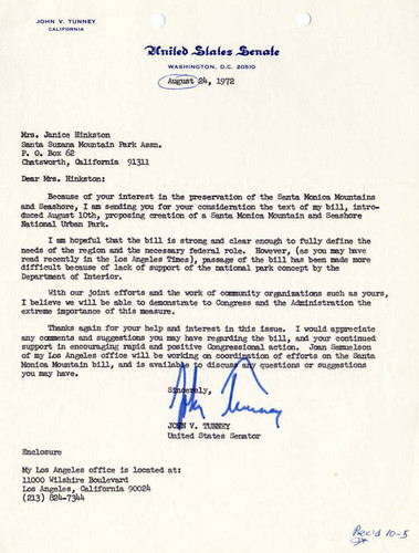 Letter from Senator John V. Tunney to Janice Hinkston, Santa Susana Mountain Park Association, regarding proposed parks bill, Washington, D.C., 1972