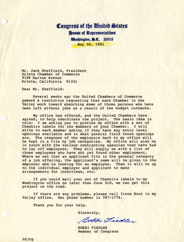 Letter from Congresswoman Bobbi Fiedler regarding employment project for the San Fernando Valley, Washington, D.C., 1981