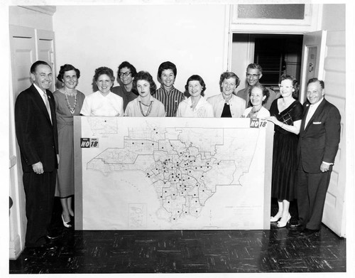Campaign associates with map of Los Angeles County, "No on Proposition 18" campaign, Los Angeles, 1958
