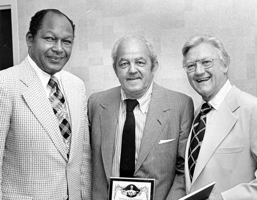 Mayor Tom Bradley, Edward Kussman and Congressman James C. Corman receive lifetime NAACP memberships, 1979