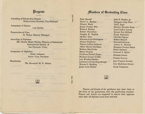 Canoga Park High School Commencement Brochure, 1936