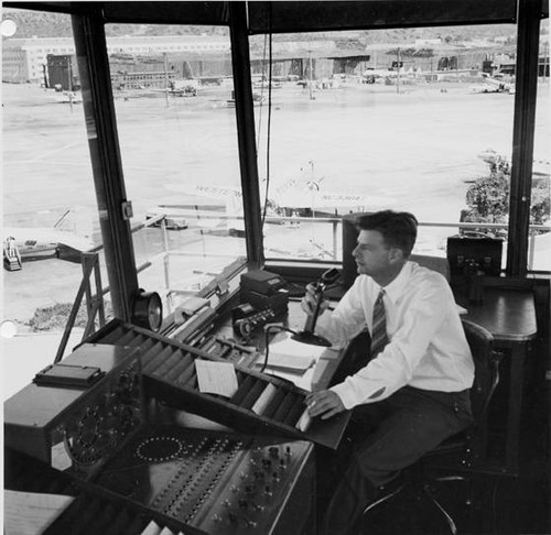 Lockheed Air Terminal Control Tower, Interior view runways visible, 1945