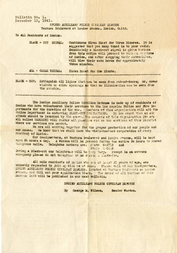 Encino Auxiliary Police Civilian Defense bulletin, 1941