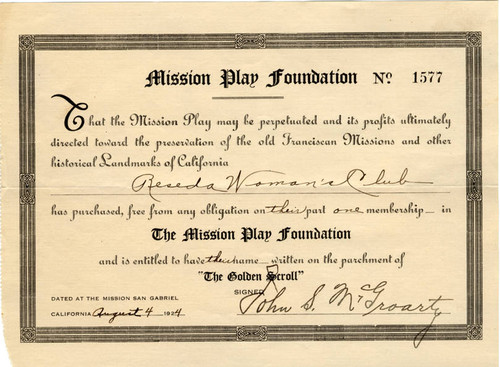 Reseda Woman's Club membership in Mission Play Foundation, 1924