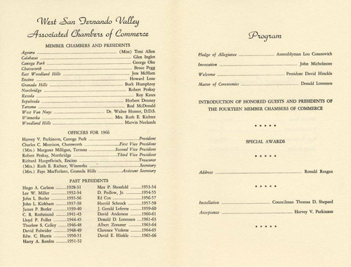 Associated Chambers of Commerce of the West San Fernando Valley installation banquet program, Woodland Hills, 1966