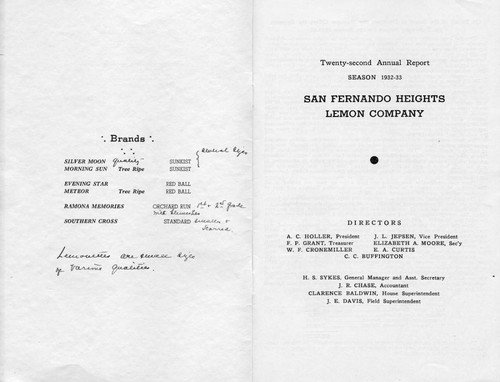 Annual Report of the San Fernando Heights Lemon Company, 1932-1933 Season