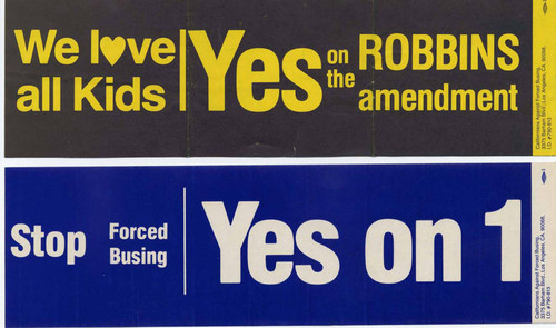 We love all kids / Stop forced busing bumper stickers, circa 1979