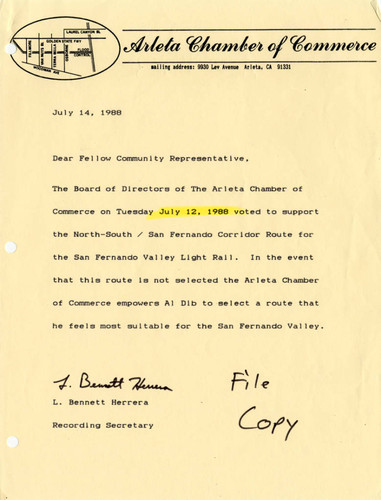 Letter from Arleta Chamber of Commerce regarding San Fernando Valley light rail, Arleta, 1988