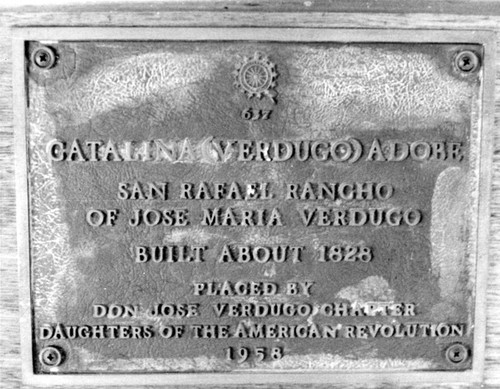 Catalina Verdugo Adobe plaque, 1958