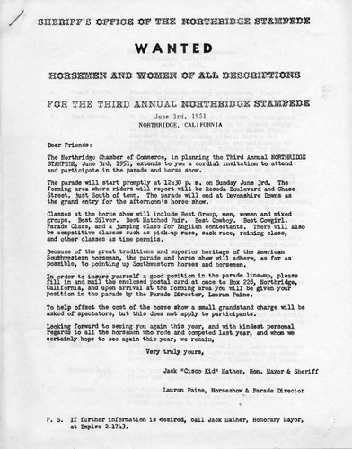 Letter from the Northridge Chamber of Commerce advertising the 3rd annual Northridge Stampede, June 1951