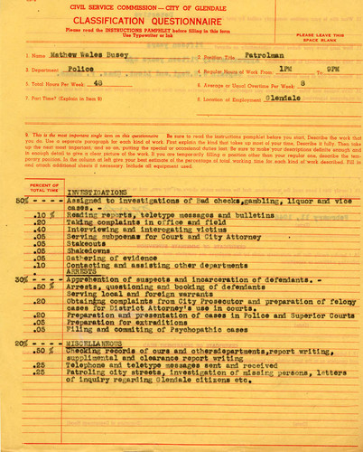 Police classification questionnaire, 1946 (front)