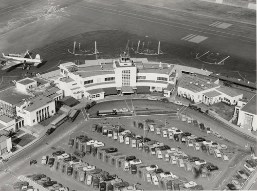 Terminal Complex at Lockheed Air Terminal, parking lots and aircraft ramp area