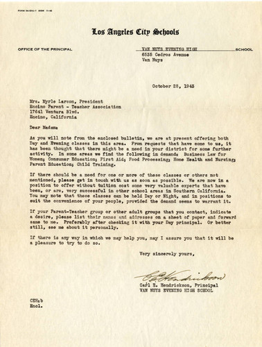 Van Nuys Evening High School letter to the Encino PTA, 1943