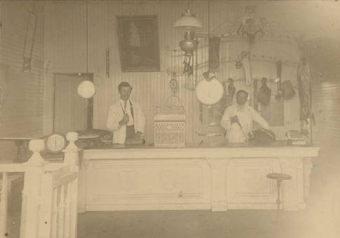 Butcher shop owned by Steve Lopez, c. 1900