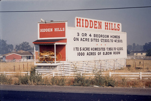 Hidden Hills development billboard, 1957