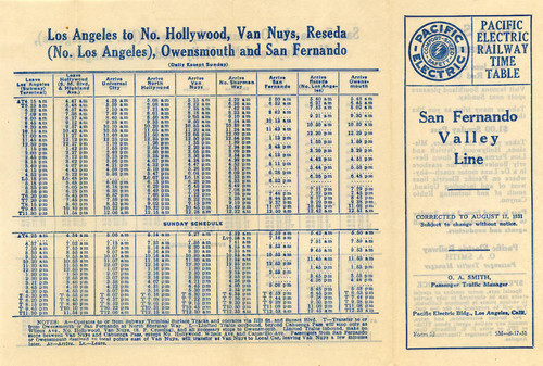 San Fernando Vally Line Time Table, 1931