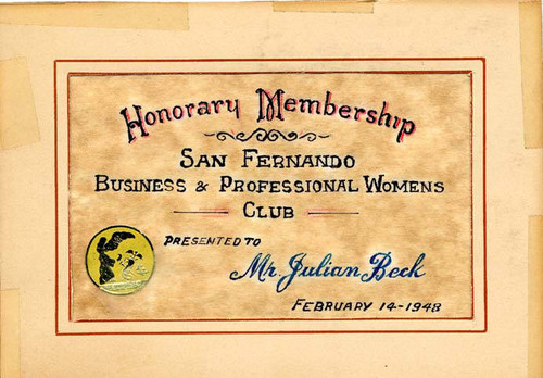 San Fernando Business and Professional Womens Club membership award, 1948