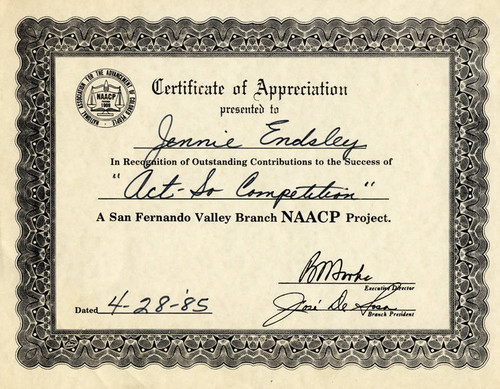 NAACP certificate of appreciation, 1985