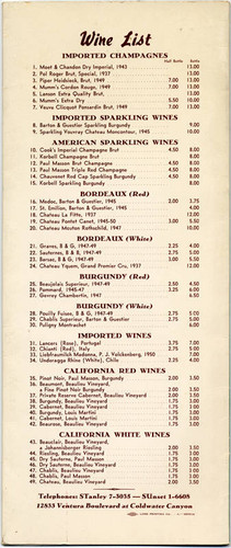 Sportmen's Lodge menu, circa 1955