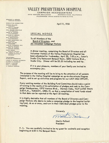 Letter from Valley Presbyterian Hospital, April 1955