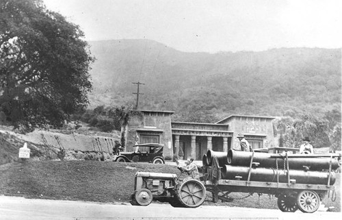 Hauling water pipe along Verdugo Road, circa 1920s