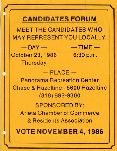 Candidates forum announcement, 1986