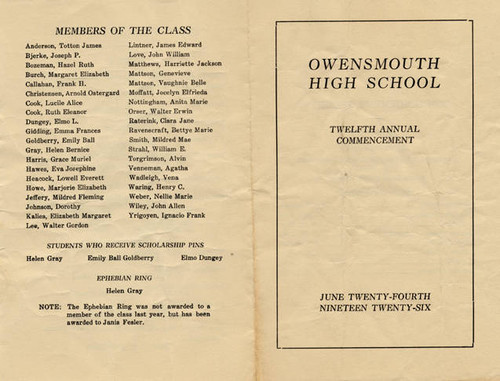 Owensmouth High School Commencement Brochure, 1926