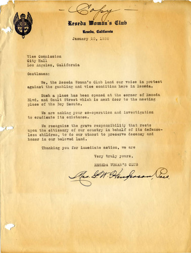 Gambling protest letter from the Reseda Woman's Club, 1936