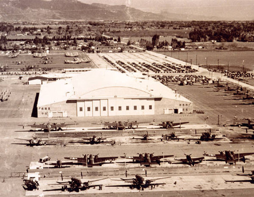 Fighter aircraft at Lockheed facility, Van Nuys Airport, 1940s