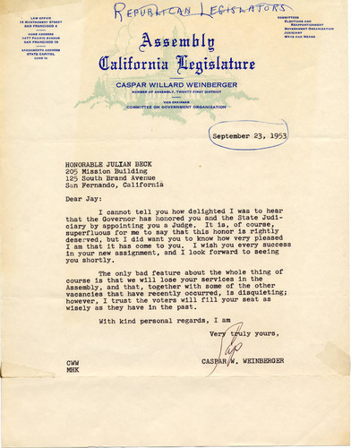 Caspar W. Weinberger congratulatory letter to Judge Julian Beck, 1953