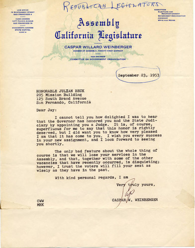 Letter from California Assemblyman Caspar W. Weinberger to Julian Beck, Sacramento, 1953