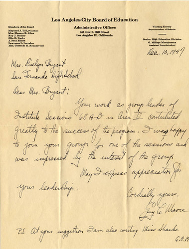 Board of Education letter to San Fernando High School teacher, 1947