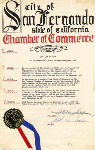 San Fernando Citizen of the Month award for Julian Beck, 1967