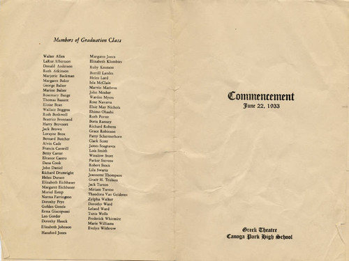 Canoga Park High School Commencement Brochure, 1933