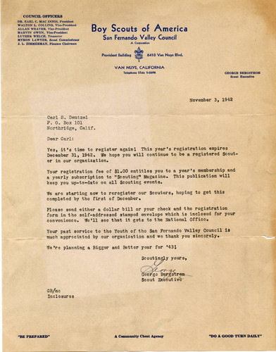 Boy Scouts of America, San Fernando Valley Council, renewal letter, Van Nuys, 1942