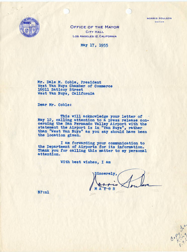 Letter concerning San Fernando Valley Airport in Van Nuys from Mayor Norris Poulson, 1955