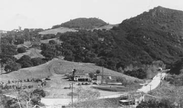 View of Topanga General Store and Post Office, Real Estate office and houses in the hills