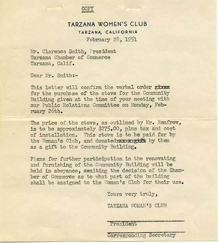 Tarzana Community Building correspondence, 1951