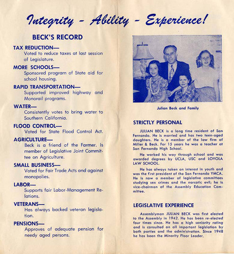 Julian Beck campaign brochure, for Assemblyman, 41st District, circa 1952 (page 2)