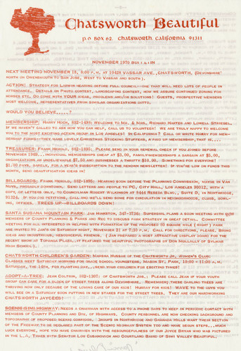 Chatsworth Beautiful newsletter, Chatsworth, 1970