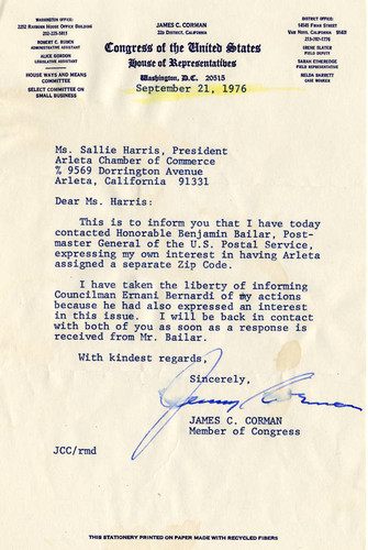 Letter from Congressman James C. Corman expressing interest in Arleta zip code, Washington, D.C., 1976