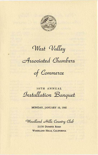 Associated Chambers of Commerce of the West San Fernando Valley installation banquet program, Woodland Hills, 1966