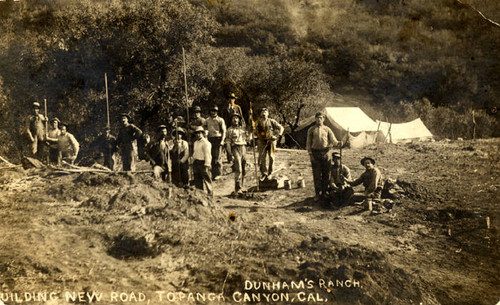 Building new road, Dunham's Ranch, Topanga Canyon, postcard, [1890-1920?]