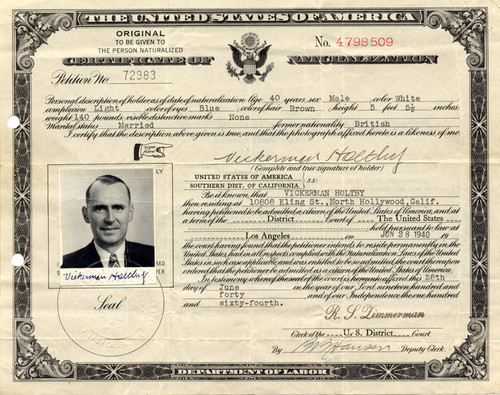 Certificate of Naturalization, 1940 (front)