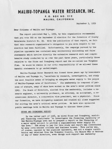 Malibu-Topanga Water Research, Inc. letter to the people of Malibu and Topanga regarding their endorsement of county water for the region