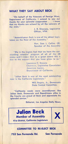 Julian Beck campaign brochure, for Assemblyman, 41st District, circa 1952 (page 3)