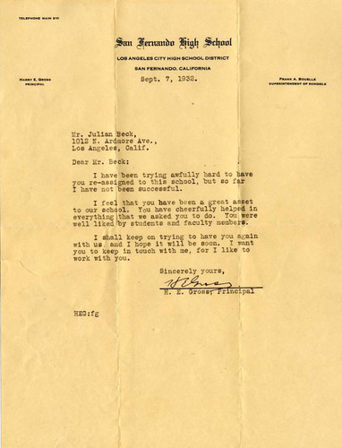 Letter from H.E. Gross, San Fernando High School, to Julian Beck, San Fernando, 1932