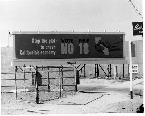 Vote No on Proposition 18 billboard, North Hollywood, 1958